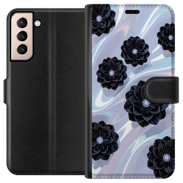 Kompatibelt Lommeboketui til Samsung Galaxy S21 Midnattblomstring svarte blomster på skimrende bakgrunn, elegant luksuriøst blomsterdesign i mørke to Kompatibelt Lommeboketui til Samsung Galaxy S21 Midnattblomstring svarte blomster på skimrende bakgrunn, elegant luksuriøst blomsterdesign i mørke to
