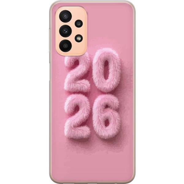 Yhteensopiva Puhelinkuori Samsung Galaxy A23 Vaaleanpunainen pörrö 2026, pastellisävyinen teksti, moderni uudenvuodentrendi pehmeällä designilla, täy