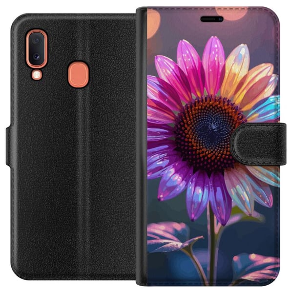 Kompatibelt Lommeboketui til Samsung Galaxy A20e Skinnende iriserende blomst i rosa, lilla og gull mot myk bokeh og lysglitter Kompatibelt Lommeboketui til Samsung Galaxy A20e Skinnende iriserende blomst i rosa, lilla og gull mot myk bokeh og lysglitter