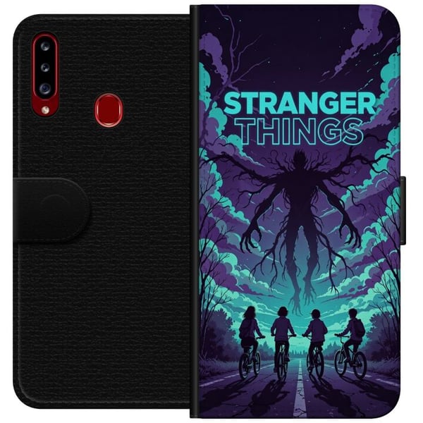 Kompatibelt Plånboksfodral till Samsung Galaxy A20s Stranger Things-inspirerad fantasyillustration med mörkt monster, cyklande barn och dramatisk röd