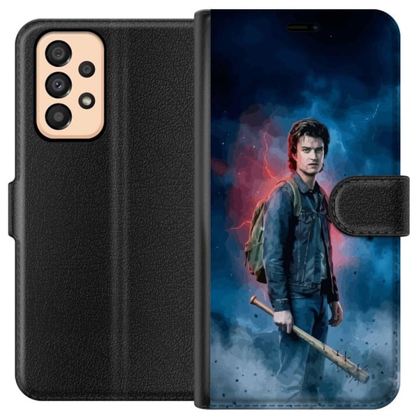 Yhteensopiva Lompakkokotelo Samsung Galaxy A33 5G Stranger Things -muotokuva, jossa on pesäpallomaila, salamoita ja dramaattinen tausta