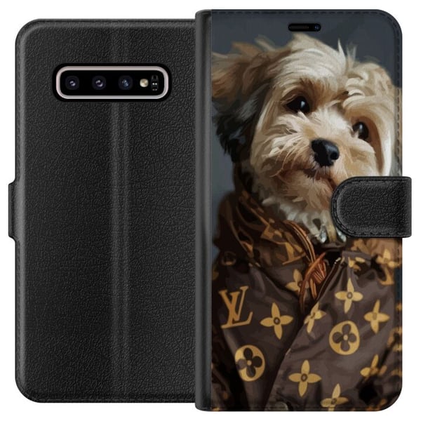 Kompatibelt Plånboksfodral till Samsung Galaxy S10+ Liten hund i lyxjacka elegant och rolig design för modeälskare och hundägare med stil