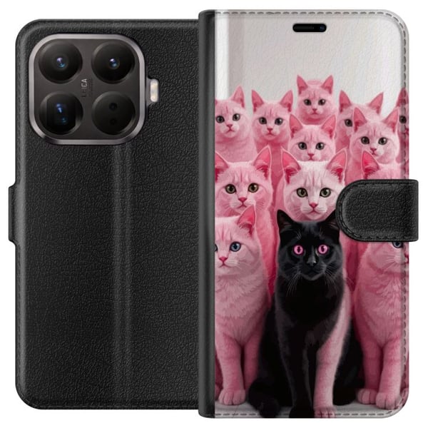 Kompatibel Tegnebogsetui til Xiaomi 15 Sort kat blandt lyserøde katte, sjovt kontrastfyldt design med legesyg charme og trendy farvekombination