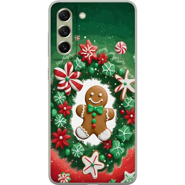 Kompatibelt Mobilskal till Samsung Galaxy S21 FE 5G Gingerbread Wreath julmotiv med krans pepparkaka och klassisk grönröd färgton