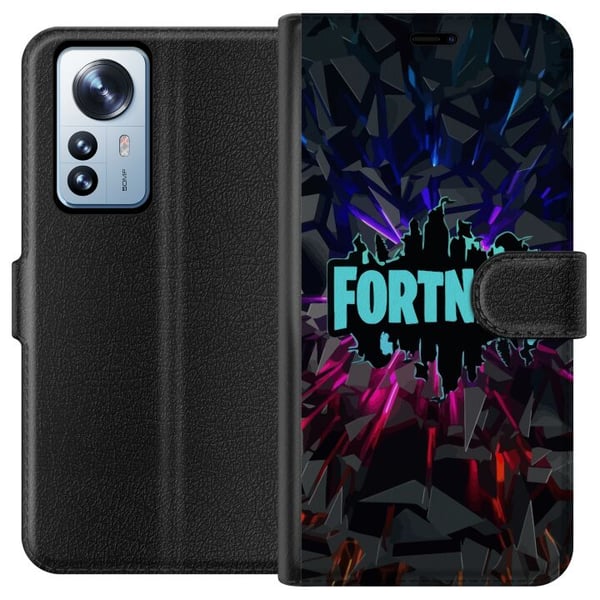 Yhteensopiva Lompakkokotelo Xiaomi 12 Pro Fortnite-juliste – Sininen neonlogo mustalla taustalla, pelidesign