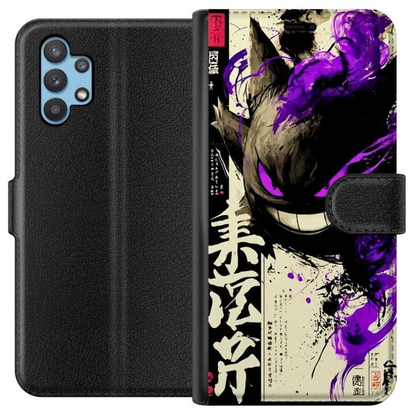 Kompatibelt Plånboksfodral till Samsung Galaxy A32 5G Shadow Spirit mörk japansk kalligrafi design med lila eld brush strokes och kraftfull energi