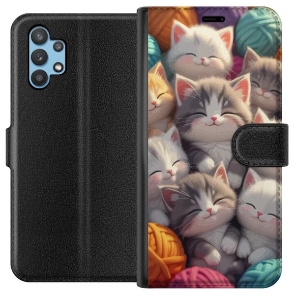 Kompatibelt Plånboksfodral till Samsung Galaxy A32 5G Sovande kattungar ihopkurade bland färgglada garnnystan i mjuk illustration Kompatibelt Plånboksfodral till Samsung Galaxy A32 5G Sovande kattungar ihopkurade bland färgglada garnnystan i mjuk illustration