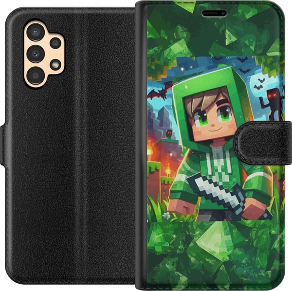 Yhteensopiva Lompakkokotelo Samsung Galaxy A13 Minecraft-pelaajapoika vihreässä hupparissa – piirretty Minecraft-poika, jolla on miekka, pikseleitä j