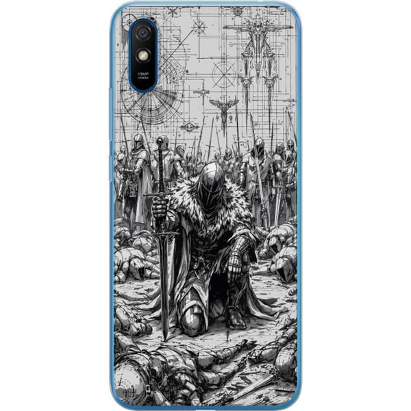Kompatibelt Mobilskal till Xiaomi Redmi 9A Medeltida riddare slagfält warrior knight armor epic battlefield svartvit fantasy krigare motiv poster