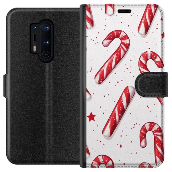 Kompatibel Tegnebogsetui til OnePlus 8 Pro Juleinspireret mønster med polkagrise, stjerner og vinterdetaljer – klassisk og populært i juletiden.