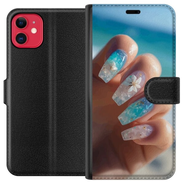 Kompatibel Tegnebogsetui til Apple iPhone 11 Negledesignillustration – Blå glitter med blomst, havinspireret motiv Kompatibel Tegnebogsetui til Apple iPhone 11 Negledesignillustration – Blå glitter med blomst, havinspireret motiv