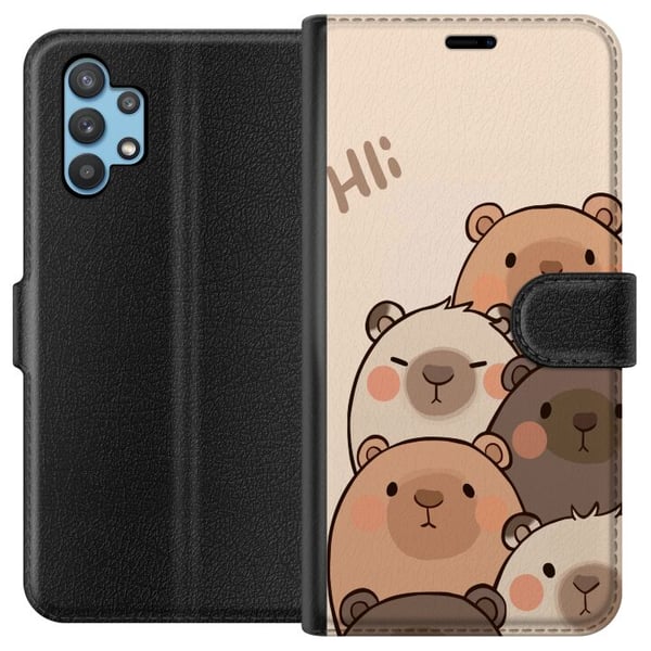 Kompatibelt Plånboksfodral till Samsung Galaxy A32 5G Bear Squad Hi Friends Charmiga björnar i olika färger på ljus bakgrund med texten Hi