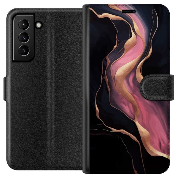 Kompatibelt Lommeboketui til Samsung Galaxy S21+ 5G Abstrakte bølger i svart med rosa striper og gullfargede kanter som flytende marmor mot mørk bakg Kompatibelt Lommeboketui til Samsung Galaxy S21+ 5G Abstrakte bølger i svart med rosa striper og gullfargede kanter som flytende marmor mot mørk bakg