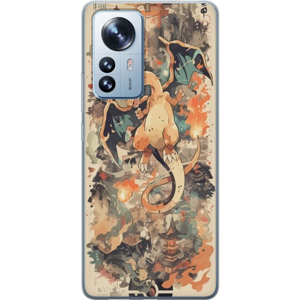 Yhteensopiva Puhelinkuori Xiaomi 12 Pro Tulilohikäärmeen legenda, tulta syöksevä lohikäärme japanilaiseen taidetyyliin, vintagekuvitus temppeleineen