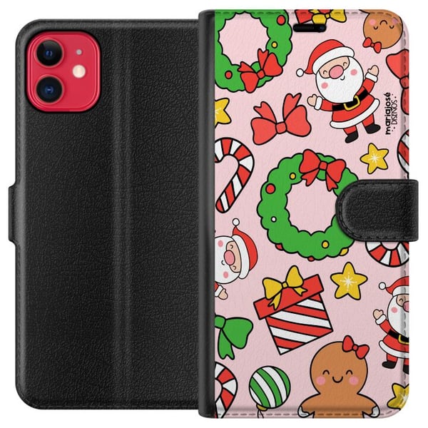 Kompatibelt Plånboksfodral till Apple iPhone 11 Färgglatt julmönster med tomtar godis kransar paket och roliga detaljer perfekt för säsongens lekfull