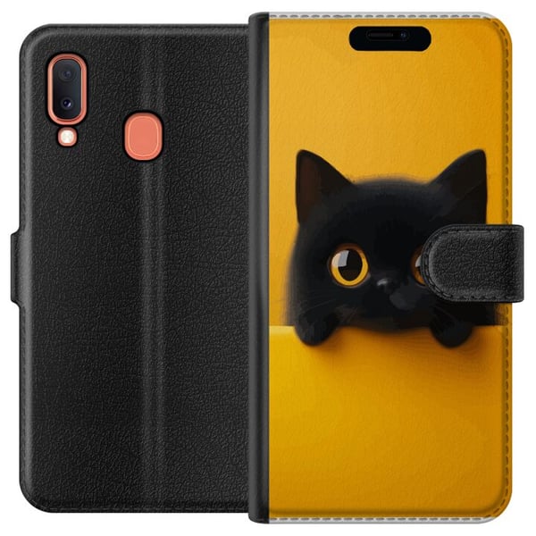 Kompatibelt Lommeboketui til Samsung Galaxy A20e Svart katt som kikker opp over kanten – ren og trendy illustrasjon med et lekent uttrykk og store øy Kompatibelt Lommeboketui til Samsung Galaxy A20e Svart katt som kikker opp over kanten – ren og trendy illustrasjon med et lekent uttrykk og store øy