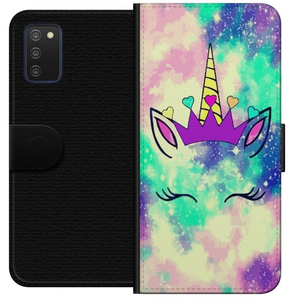 Kompatibelt Lommeboketui til Samsung Galaxy A03s Pastellfarget enhjørning med galaksebakgrunn, hjerter og krone, magisk leken fantasydesign i moderne