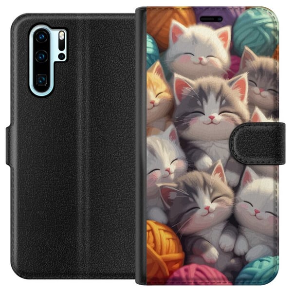 Kompatibel Tegnebogsetui til Huawei P30 Pro Sovende killinger sammenkrøllet blandt farverige garnnøgler i en blød illustration
