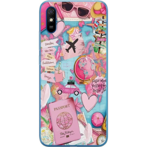 Kompatibel Mobilcover til Xiaomi Redmi 9A Pink og turkis rejsecollage med verdenskort pas fly kameraer hjerter og destinationer moderne rejseæstetik