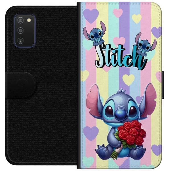 Kompatibelt Lommeboketui til Samsung Galaxy A03s Stitch med roser i romantisk tegneseriestil mot stripete bakgrunn