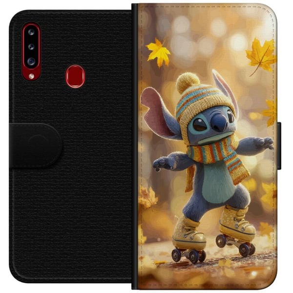 Yhteensopiva Lompakkokotelo Samsung Galaxy A20s Syksyn inspiroima Stitch rullaluistimilla pipon huivin ja lehtien kanssa lämminhenkinen suloinen kuvi
