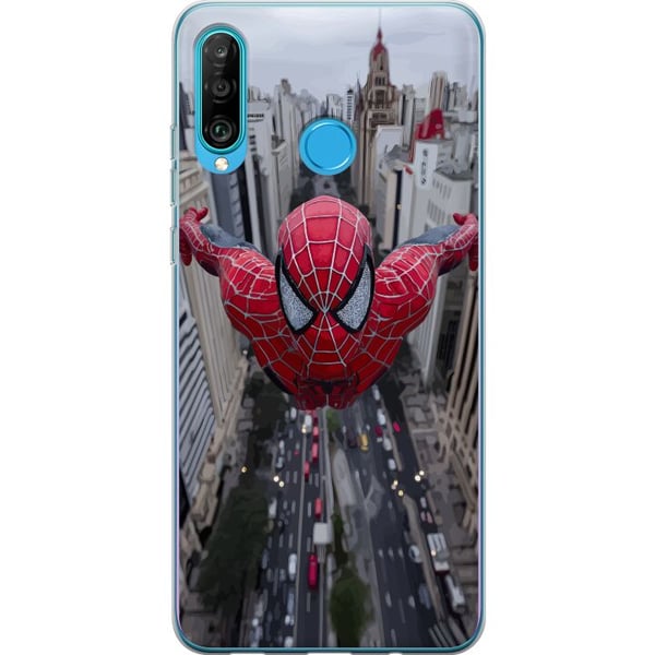 Kompatibelt Mobilskal till Huawei P30 lite Spiderman över staden Marvel superhero action city skyline swinging dynamic comic hero motiv poster