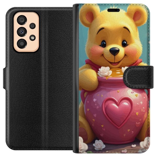 Kompatibelt Plånboksfodral till Samsung Galaxy A33 5G Söt gul björn inspirerad av Nalle Puh med hjärtformad rosa burk och honung ett varmt charmigt m
