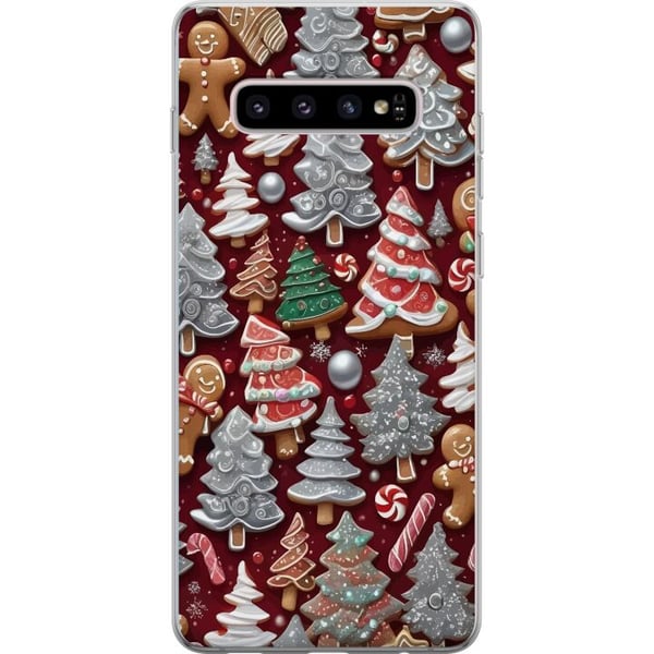 Kompatibelt Mobilskal till Samsung Galaxy S10+ Christmas cookies julkakor gingerbread granar pepparkakor holiday pattern candy cane julgran design