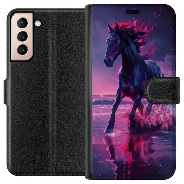 Kompatibelt Lommeboketui til Samsung Galaxy S21 Elegant svart hest som løper gjennom vann i lilla og rosa lys med en magisk følelse