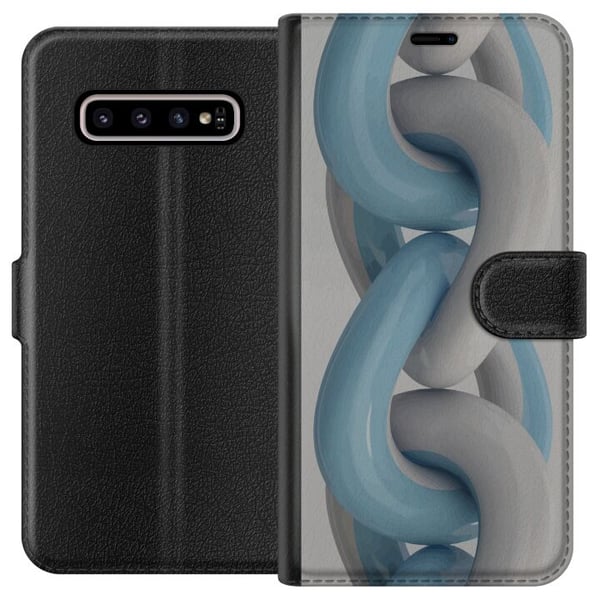 Kompatibelt Plånboksfodral till Samsung Galaxy S10+ Blå kedjedesign i metallisk ton modern industriell stil med djup och tredimensionell känsla