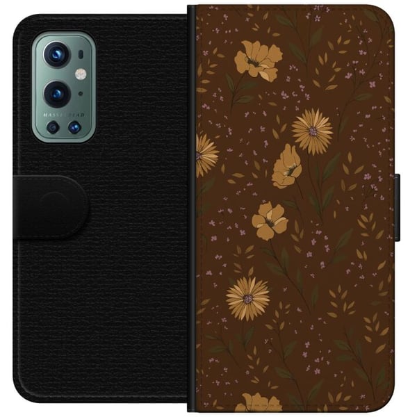 Kompatibel Tegnebogsetui til OnePlus 9 Pro Retro blomstermønster brun baggrund blomster vintage 70’er-stil boheme tapetdesign tryk