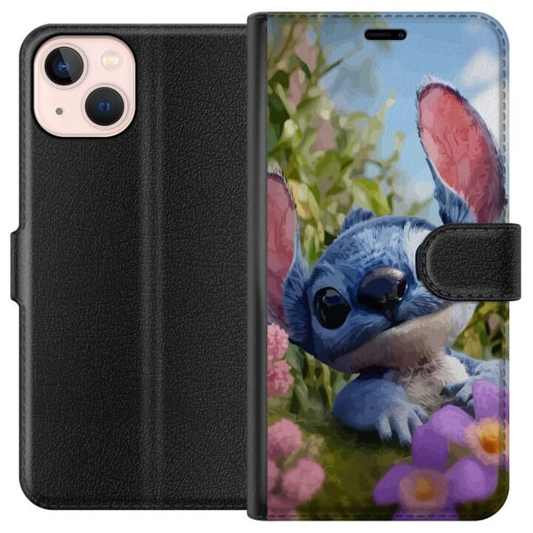 Kompatibel Tegnebogsetui til Apple iPhone 13 mini Blå tegnet figur inspireret af Stitch i naturlige omgivelser med blomster og et sødt udtryk, perfek