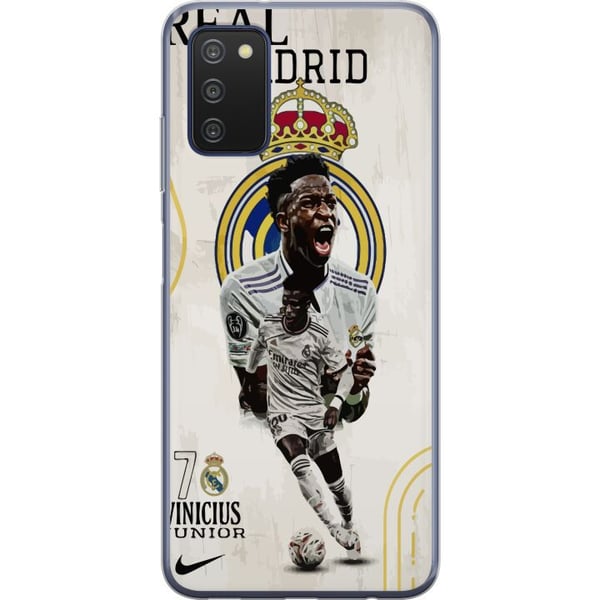Kompatibelt Mobildeksel til Samsung Galaxy A03s Real Madrid Vinícius Júnior med spiss i trøye nummer 7 klubbmerke hvit kampdrakt energisk positur og