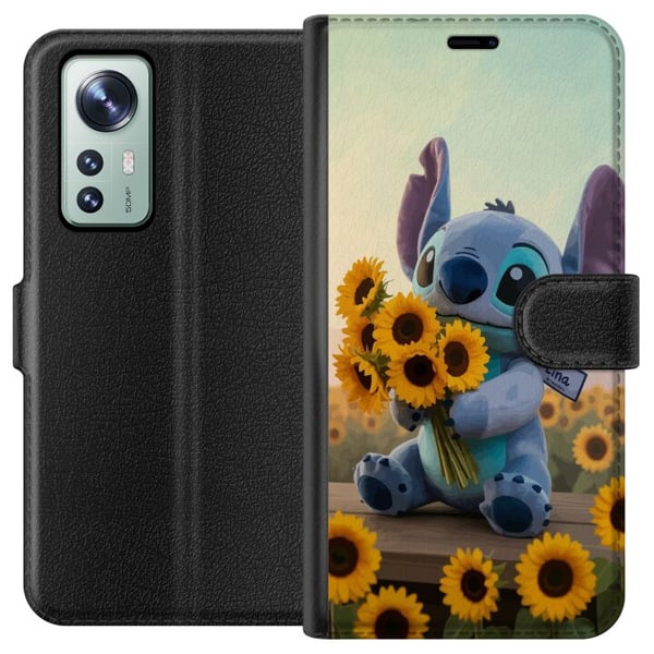 Yhteensopiva Lompakkokotelo Xiaomi 12 Disney Stitch auringonkukkajuliste Lilo ja Stitch siniset alien-auringonkukat söpö kawaii-hahmo peltodesign tai