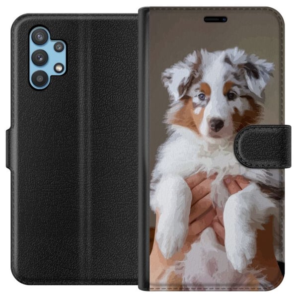 Kompatibelt Plånboksfodral till Samsung Galaxy A32 5G Hundvalp illustration – Söt fluffig valp i porträttdesign med blå ögon