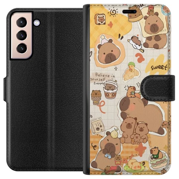 Kompatibel Tegnebogsetui til Samsung Galaxy S21 Kawaii capybara mobilskal med gulliga djurmotiv