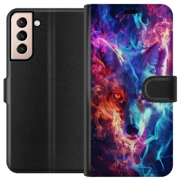 Kompatibelt Lommeboketui til Samsung Galaxy S21 Intens ulv med blå og oransje ild rundt ansiktet i kraftfull fantasyillustrasjon Kompatibelt Lommeboketui til Samsung Galaxy S21 Intens ulv med blå og oransje ild rundt ansiktet i kraftfull fantasyillustrasjon