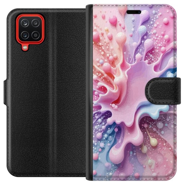 Kompatibelt Plånboksfodral till Samsung Galaxy A12 Pastell splash design – Abstrakt konst i rosa blått och lila färgmönster