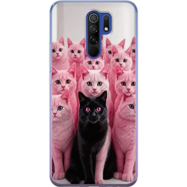 Kompatibel Mobilcover til Xiaomi Redmi 9 Sort kat blandt lyserøde katte, sjovt kontrastfyldt design med legesyg charme og trendy farvekombination