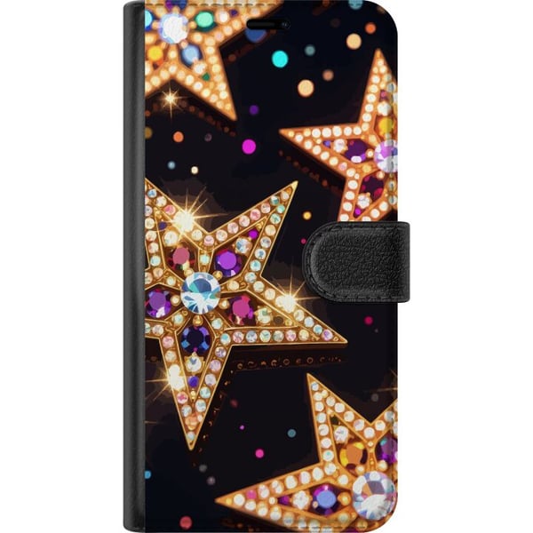 Kompatibelt Plånboksfodral till Apple iPhone 13 Pro Gyllene glitterstjärnor med kristaller och festlig ljuseffekt på mörk bakgrund ett elegant motiv