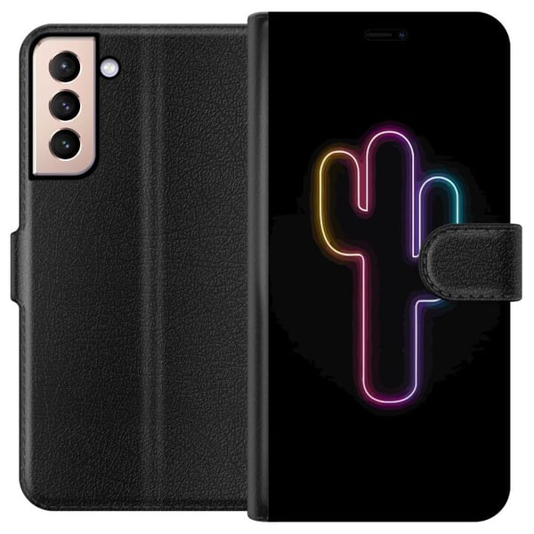 Kompatibelt Lommeboketui til Samsung Galaxy S21 Neonillustrasjon av kaktus i rosa og blått lys mot mørk bakgrunn i moderne popestetikk Kompatibelt Lommeboketui til Samsung Galaxy S21 Neonillustrasjon av kaktus i rosa og blått lys mot mørk bakgrunn i moderne popestetikk