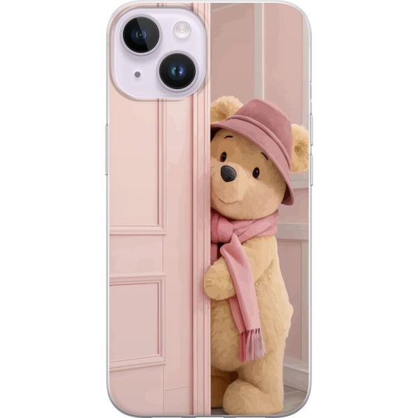 Yhteensopiva Puhelinkuori Apple iPhone 14 Beige nalle, jolla on hattu ja huivi, romanttinen vaalea design lämpimällä sävyllä ja pehmeällä, tyylikkääl