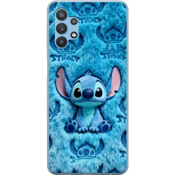 Kompatibelt Mobilskal till Samsung Galaxy A32 5G Stitch sitter på fluffigt blått mönster med sitt ansikte och öron upprepade som textur vilket skapar