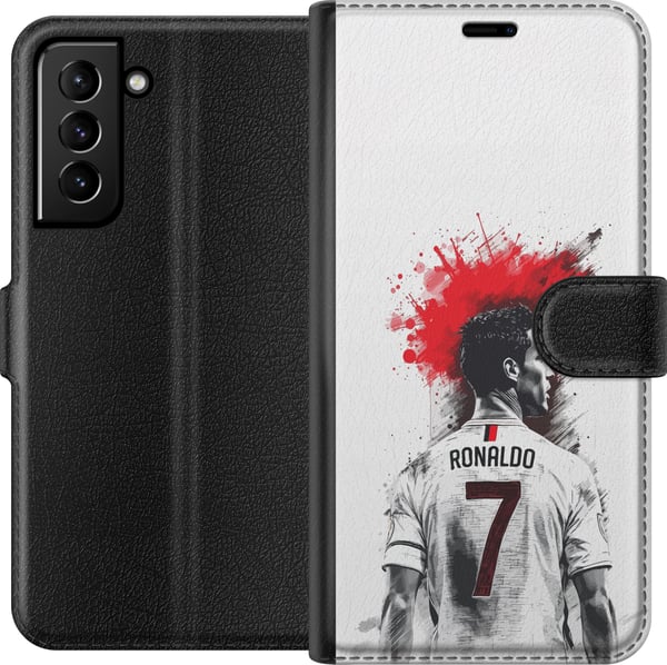 Kompatibel Tegnebogsetui til Samsung Galaxy S21+ 5G Ronaldo Red Energy-motiv med Cristiano Ronaldo i stiliseret rød-hvidt design med en kraftfuld føl