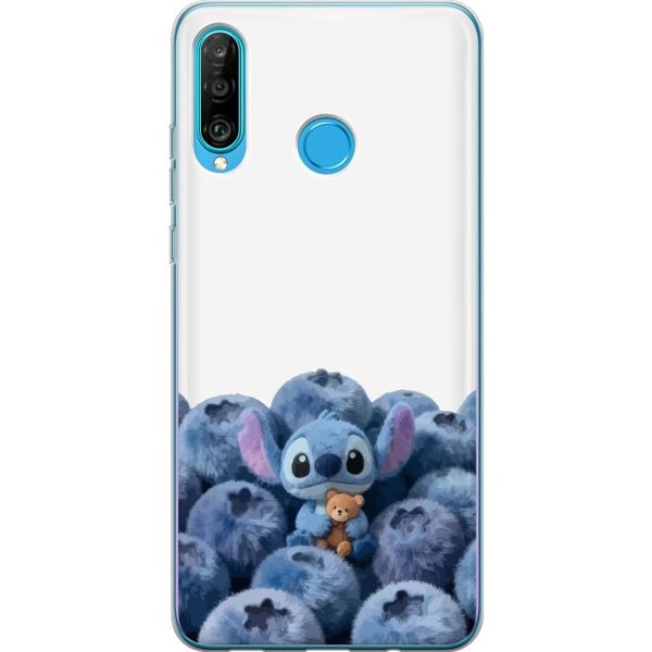 Kompatibelt Mobilskal till Huawei P30 lite Söt blå karaktär bland blåbär med nalle i mjuk och lekfull illustration för barnrum