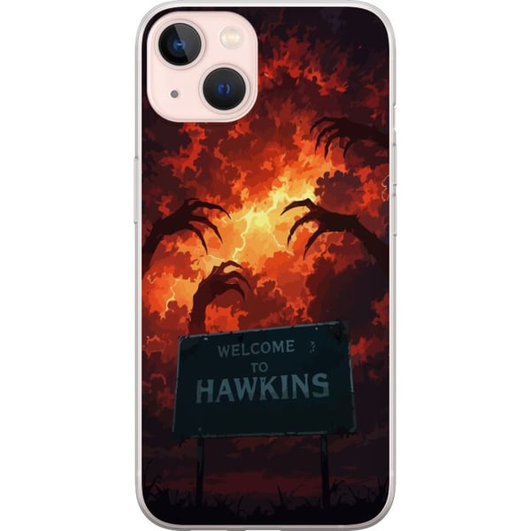 Kompatibel Mobilcover til Apple iPhone 13 Apokalyptisk scene med brændende himmel og Hawkins-skilt i Stranger Things-stemning