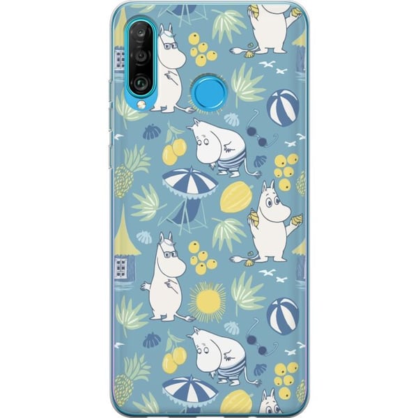Kompatibelt Mobilskal till Huawei P30 lite Strandtema med frukter parasoller sommarhus och glada figurer i färgglatt mönster fyllt av lekfulla detalj