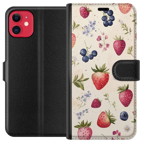 Kompatibel Tegnebogsetui til Apple iPhone 11 Sommerligt bærmønster med jordbær, blåbær og blomster i akvarel – trendy og frisk design, der passer til Kompatibel Tegnebogsetui til Apple iPhone 11 Sommerligt bærmønster med jordbær, blåbær og blomster i akvarel – trendy og frisk design, der passer til