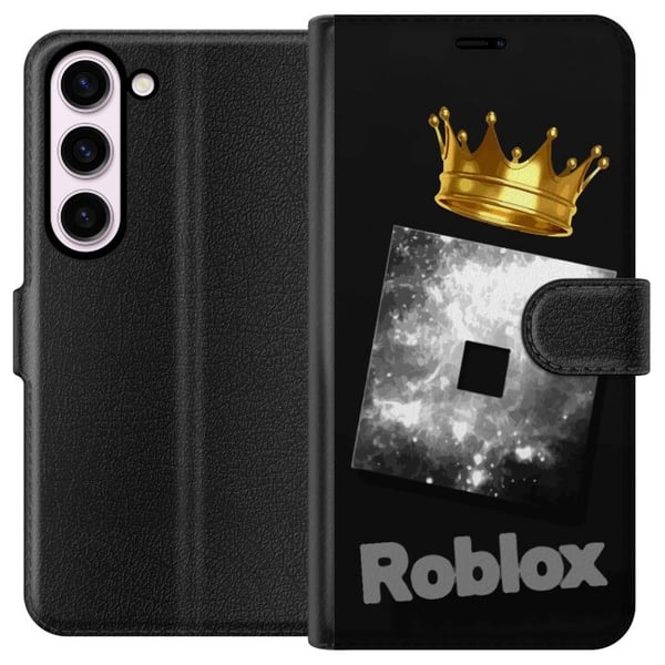 Kompatibel Tegnebogsetui til Samsung Galaxy S23 Minimalistisk Roblox-symbol i sort og sølv med gylden krone og luksuriøs gameræstetik Kompatibel Tegnebogsetui til Samsung Galaxy S23 Minimalistisk Roblox-symbol i sort og sølv med gylden krone og luksuriøs gameræstetik