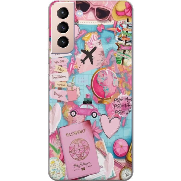 Kompatibel Mobilcover til Samsung Galaxy S21 Pink og turkis rejsecollage med verdenskort pas fly kameraer hjerter og destinationer moderne rejseæstet